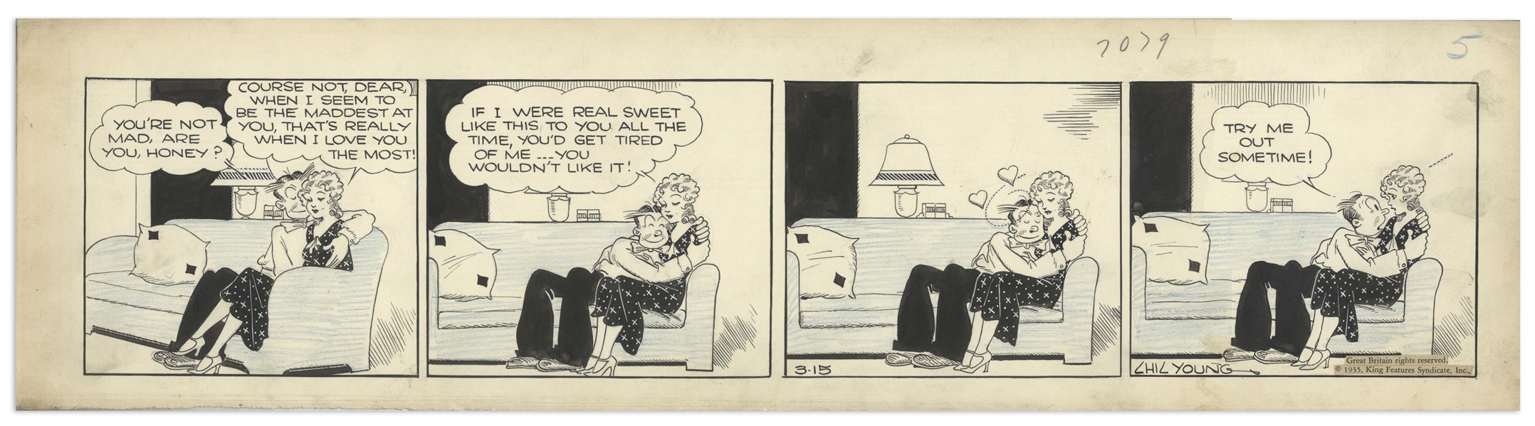 Chic Young Hand-Drawn ''Blondie'' Comic Strip From 1935 Titled ''Her Gambling Instinct'' -- Featuring Blondie and Dagwood Hopelessly in Married Love